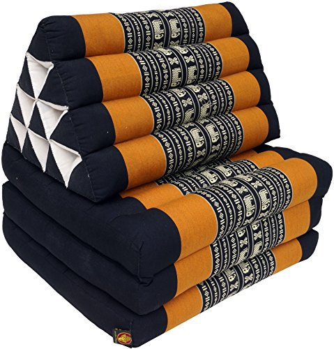 GURU SHOP Thaikissen, Dreieckskissen, Kapok, Tagesbett mit 3 Auflagen - Schwarz/orange, 30x50x160 cm, Asiatisches Sitzkissen, Liegematte, Thaimatte