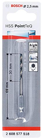 Bosch Accessories PointTeQ Punta per trapano esagonale per metallo, diametro: 2,5 mm, lunghezza totale: 69 mm, codolo esagonale da ¼, accessorio per avvitatore a percussione e avvitatore