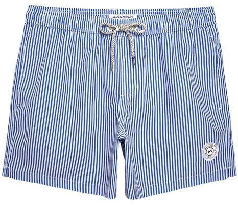maamgic Mens Swim Trunks 5 Inch with Mesh Lining, Quick Dry Mens Bathing Suit, Swim Shorts for Swimming and Beach, Large Blue Stripe