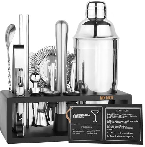 MixMate Cocktail Shaker Set mit Ständer,Bar Set Cocktail Shaker Set zum Drink Mischen ,Kit für Anfänger Barkeeper,Barwerkzeuge, Martini Shaker, Jigger, Sieb, Mixer Löffel, Flaschenöffner + Rezeptbuch