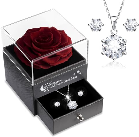 Sunia Eterna Rosa Real Preservada Con Collar y Pendientes de Plata de Ley 925 - Regalo Hecho a Mano Para Mujer, Mama, Novia - Ideal Para Cumpleaños, San Valentin, Navidad