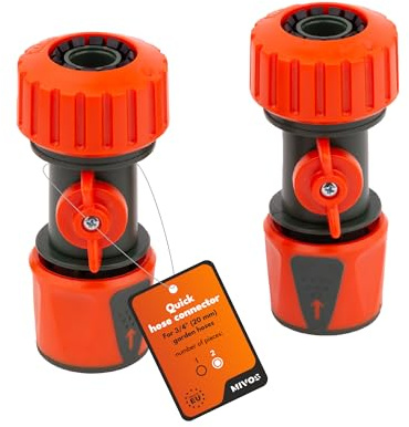 Mivos 2 x Schnellverbinder mit Regulierventil für 3/4 Zoll (20 mm) Wasser-Schlauch - Schlauchkupplung mit Kugelhahn - Anschlüsse mit Wasser-Stop für 3/4 Gartenschläuche