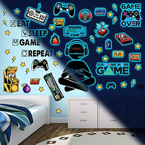 Leuchtende Gaming Wandsticker Selbstklebend Spiel Wandtattoo Kinderzimmer für Glühen im Dunkeln Aufkleber Gamer Leuchtsticker Wandtattoo für Junge Kinderzimmer Schlafzimmer Geschenke Blau