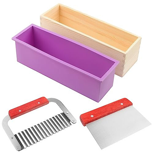 ZOENHOU 3 PCS Silicone Soap Molds Kit, 42oz Silicone Soap Moulds with Wooden Box, Rectangle Soap Loaf Mould with Stainless Steel Wavy and Straight Soap Cutter