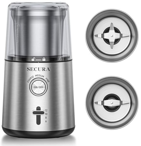 Secura Electric Coffee Grinder and Spice Grinder with 2 Stainless Steel Blades