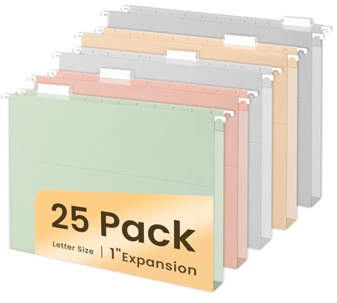 SUNEE Hanging File Folders Letter Size, Pastel Colors, 25 Count Letter Size File Folders with 1/5-cut Tabs, Heavy Duty 1 Inch Expansion, Stay Organized for Your Home and Office Bulk File