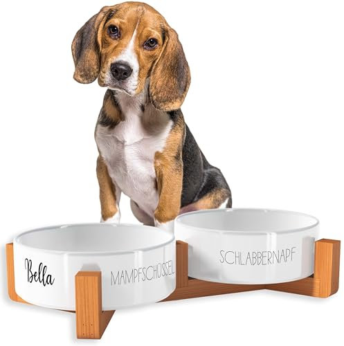 OWLBOOK Schlabbernapf Mampfschüssel Futternapf personalisiert Hundenapf mit Namen oder Wunschtext Doppelnapf aus Keramik mit Bambus Gestell Futternapf Napf Wassernapf Keramik, Bambus 300 ml