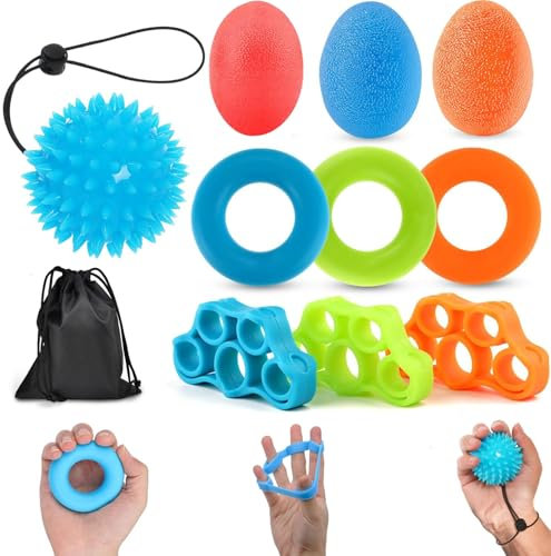 Cerkkapo Handtrainer Fingertrainer Ball, Von Ärzten empfohlen 9pcs Fingertrainer Set mit 3 Stärken und 1pcs 10lb Igelball Weich Knetball für Die Hand Training, Griffstärkung,Lindert Stress (10pcs Set)