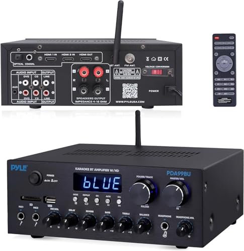 Pyle Dual Channel Bluetooth Hi-Fi Stereo Amplifier 300W, Mini Home Theatre Receiver Amp with MP3, USB, SD, AUX, RCA, MIC, FM, Reverb, Delay, Wireless Bluetooth Audio System
