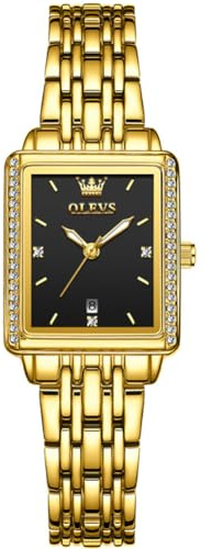 OLEVS Montre dorée pour Femme - Rectangulaire - en Acier Inoxydable - Analogique - Quartz - Robe Classique de Luxe - Diamant avec Date - Montre-Bracelet pour Femme, Cadran Noir A4 / Bracelet doré