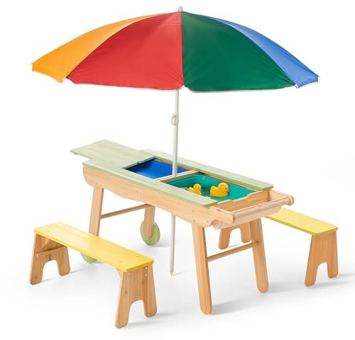 Giant bean Mesa de juegos 3 en 1, arena y agua, juego de asientos infantiles con mesa de barro de madera para el jardín, muebles de jardín para niños, para uso exterior e interior