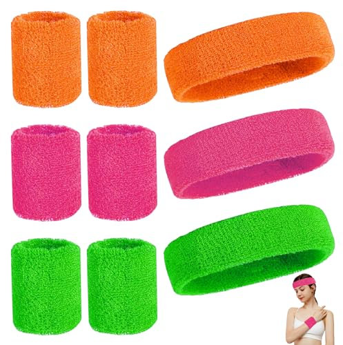 keyxer Lot de 9 Bandeaux Anti-Transpiration néon, Bandeau néon et Bracelet - Bandeau élégant des années 80 pour Hommes et Femmes, Parfait pour Le Fitness, Le Yoga, la Course à Pied et Le Style rétro