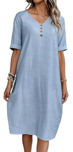 Robe d'été pour femme - Col en V - En lin - Manches courtes - Robe trapèze - Robe midi - Robe de plage - Robe de loisirs