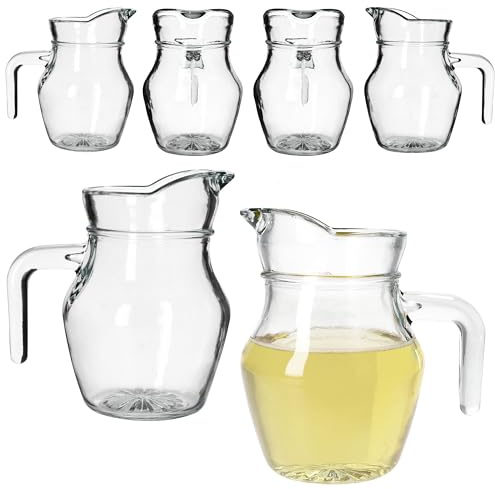 MamboCat Valentin - Set di 6 brocche in vetro da 420 ml, con manico in vetro trasparente, elegante e robusta caraffa per succo, vino, latte, limo, tè freddo e molto altro ancora.