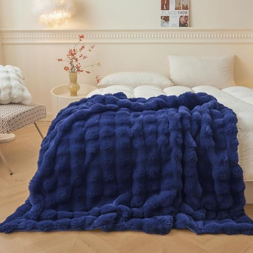 LIFEREVO Fluffy Faux Rabbit Fur Single Throw, Plush Fuzzy Bubble Blanket for Couch Sofa, Soft Cozy Furry Bed Blanket Home Decor, Shaggy Lap Throw for Bedroom Living Room Office, 127x152 cm, Navy Blue
