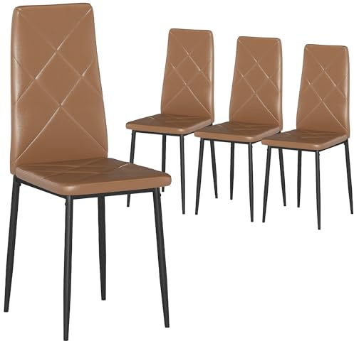 HOMCOM Set di 4 Sedie Sala da Pranzo in Finta Pelle, Sedie Cucina con Schienale Alto con Cuciture a Diamante e Gambe in Acciaio, Sedia Moderne per Cucina, Camera da Letto, Ufficio e Soggiorno, Marrone