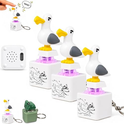 Porte-clés Bouton sonore « Seagull Mine » (Mouette « À Moi ! »), Fidget Clicker Rechargeable avec Son réaliste et lumière LED, Porte-clés sensoriel Portable, Jouet Anti-Stress interactif (#A3Pcs)