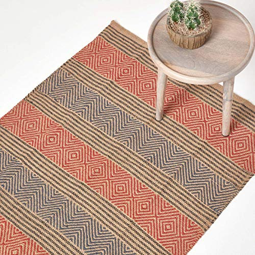 Homescapes Naturfaser-Teppich/Bettvorleger, 60 x 100 cm, 100% Jute-Teppich mit Streifen und geometrischem Rautenmuster, blau-rot-Natur
