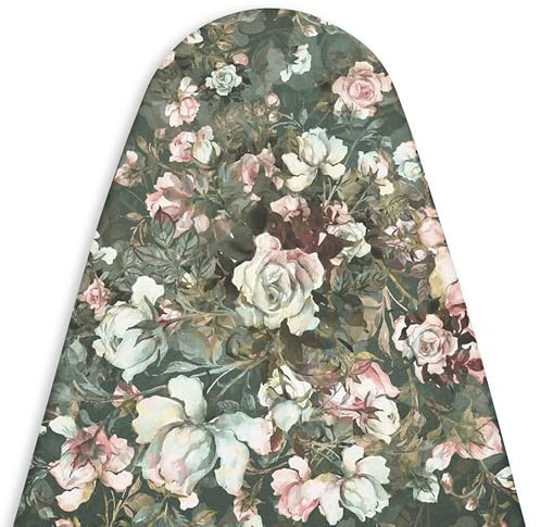 Encasa XO Ironing Board Cover and Pad - Thick 4mm Felt, Heat & Scorch-Resistant, Fits Standard Large Boards 54x15, Elastic Bungee Cord Tightening, Easy Fit, Stain-Safe Dye, Green Roses