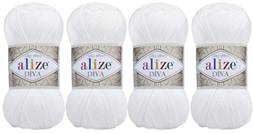 Alize Diva - Gomitolo di filato 100% microfibra acrilica effetto seta, per lavori a maglia, uncinetto, 400 g, colore 55 bianco