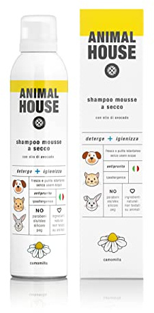 Animal House Shampoo Secco Mousse, Ipoallergenico, Adatto a tutte le razze, Privo di Agenti Chimici, Made in Italy, Nutriente, Naturale, (Camomilla)