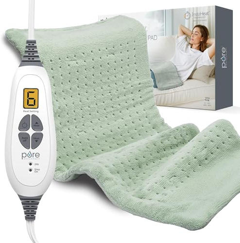 Pure Enrichment PureRelief XL Heating Pad - 12 x 24 Electric Heating Pad for Back Pain & Cramps, 6 Heat Settings, FSA/HSA Eligible, Soft Machine Wash Fabric, Auto-Off & Moist Heat (Zen Green)