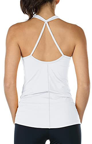 icyzone Women's Workout Yoga Tank Tops - Racerback Sport Vest Sleeveless Gym Running Shirt (S, White)