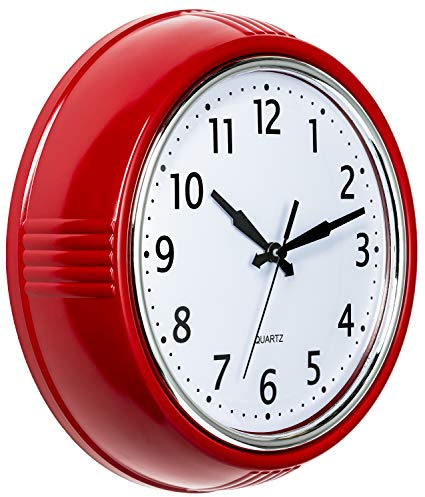 Bernhard Products Retro Wall Clock 12 Inch Red Kitchen 50's Vintage Design Round Silent Non Ticking Battery Operated Quality Quartz Clock for Home Office School or Classroom