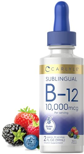 Carlyle Vitamin B12 Sublingual Liquid Drops | 10,000mcg | 2 fl oz | Vegetarian, Non-GMO, Gluten Free