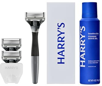 Harry's Original Shaving Kit for Men - Razor Handle, 3 Razor Blade Refills, Foaming Shave Gel, and Travel Blade Cover - German Engineered - Charcoal