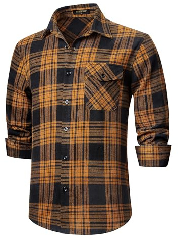 HISDERN Men's Shirts Long Sleeve Casual Plaid Flannel Shirt Checked Button Down Shirts Navy/Caramel 2XL
