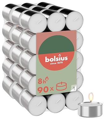 Bolsius - Lot de 90 bougies chauffe-plat - 8 heures de combustion - Blanc - Longueur de combustion - Bougies décoratives ménagères - Sans huile de palme - Combustion propre
