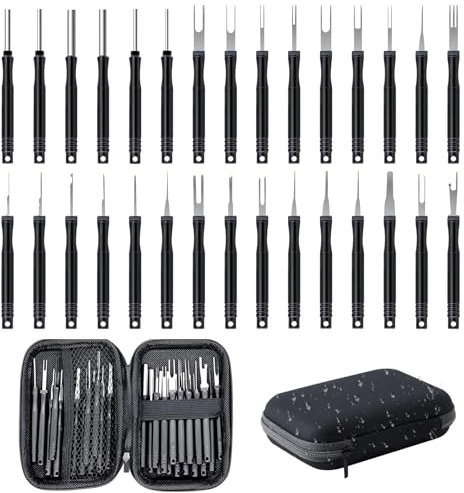 QINGHEC 30 Pcs Terminal Pin Removal Tool Kit, Pin Extractor Tool Set, Key Extractor Tool, Electrical Pin Terminal Depinning Tools with a Protective Bag for Car Connector Terminals (Black)