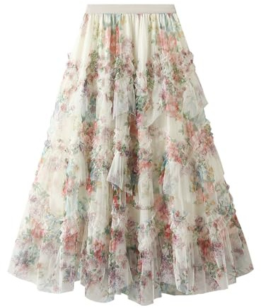 Jupe en Tulle Fleurie pour Femme Jupe évasée Haute Taille à Volants plissés Robe Longue Style féerique pour soirée