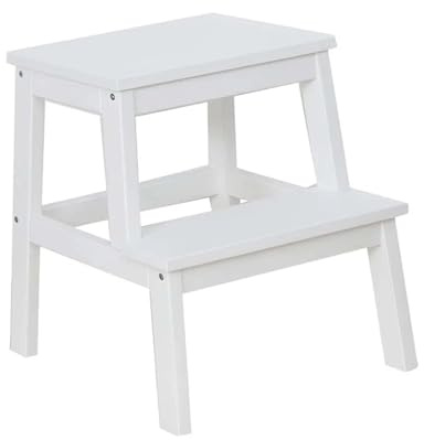 2-Tier Wooden Step Stool Heavy Duty Ladder for Home Bamboo 2 Steps Sturdy Wood Step Sturdy Multipurpose Ladder for Adults & Kids Home Shop Bar Caravan Camper Van Camping Lightweight (White)