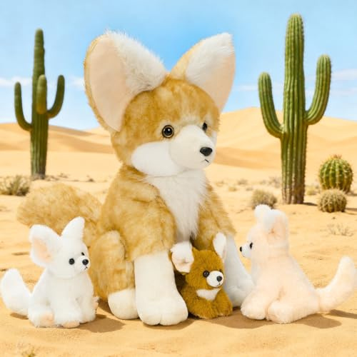 MorisMos Big Fennec Fox Plush Toy 44 cm, 4Pcs Desert Fox Stuffed Animal Family Set with 3 Babies Inside, Oversized Ears Kawaii Fox Soft Toy Gift for Kids Birthday Christmas Decor