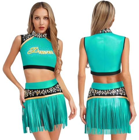 EURDFHY Cheerleader outfit Womens Shiny Rhinestone Cheerleader Costume Cheerleading Uniform Dance Outfits Sports Team Tank Top And Tassels Shorts Set(Green,XL)