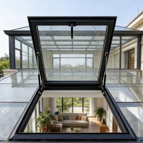 Lucernario de Techo y Ventana de Techo con Marco de Aluminio y Doble Vidrio Templado, Apertura Manual con Gas Ascensor, Alta Estanqueidad y Aislamiento Térmico(LxW 50 x 60cm)