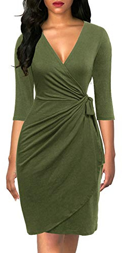 Berydress Women's Casual Party Solid Stretchy Cotton Knee-Length Sheath Draped Faux Wrap Dress with 3/4 Sleeves (M, 6083-Army Green)