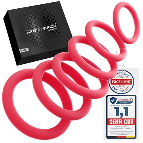Liebesfreunde® Deluxe Penisring Set - 6 dehnbare Cockringe für härtere Erektionen, Penis- und Hodenringe für Männer - Perfekte Passform, Sex Spielzeug für Paare, rot