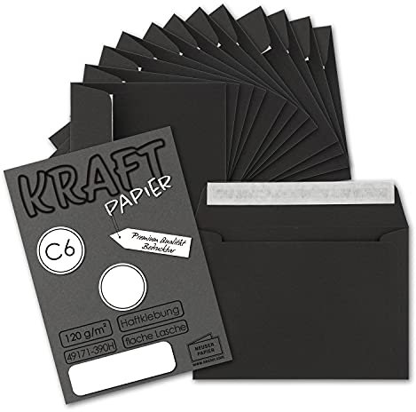 50x Briefumschläge DIN C6 Kraftpapier - Schwarz - Vintage Recycling Kuverts mit Haftklebung - 114 x 162 mm
