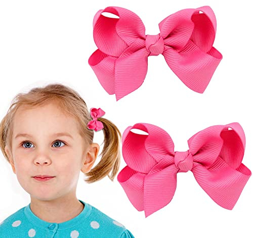Ribbon Hair Bow Clips for Girls and Women, 3-Inch Duckbill Barrettes (2Pcs, Dark Pink)