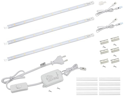 da LIGHT LED-inbyggd lampa med strömbrytare, 5 W, 400 lm, 3 000 K, varmvit ljuslist, kökslampa, vitrinbelysning, skåpbelysning med 3 x 26 cm, ränder för kök, skåp, utbyggbar med plugin-system