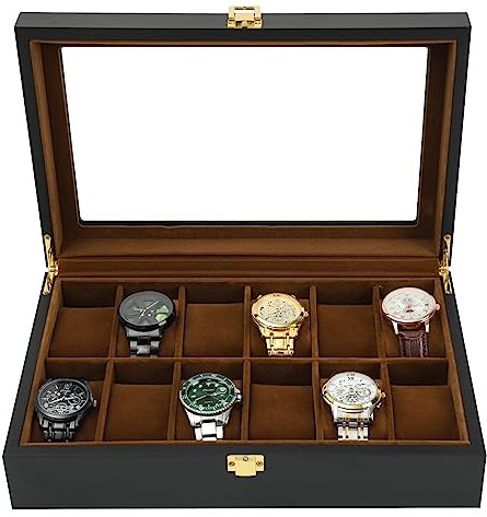 R.SHENGTE Uhrenbox,12 Slots Holzuhr Organizer Box mit Glasdeckel,Schmuck Aufbewahrungsbox für Männer Vater Ehemann Junge Freund (12 Slots)