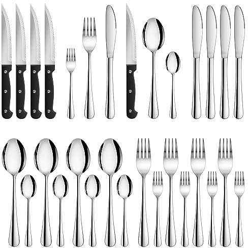 Velaze Couverts de Table avec Couteau à Steak, Service de Table 4 Personnes 24 Pièces, Set élégant de Couverts en Acier Inoxydable pour la Maison Restaurant Fêtes, Lavable en Machine