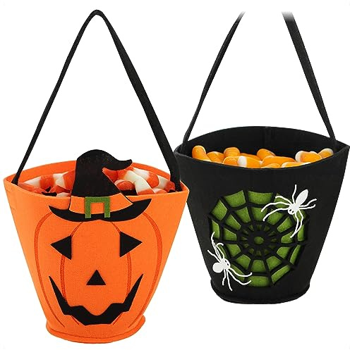 com-four® 2X Borsa di Halloween - Borsa per Raccogliere Dolci - Borsa per Portare Caramelle in Feltro - Borsa Regalo con Motivi Spaventosi Bambino (02 Pezzi - Nero + Arancione)