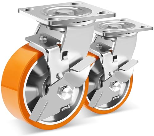 W B D WEIBIDA 125mm Ruote per Mobili Pesanti con Freno, Ruote Girevoli in Poliuretano Durevoli e Robuste con Nucleo in Alluminio, Capacità 450KG per Pezzo, Ruote per Mobili o WorkshopS, Set di 2