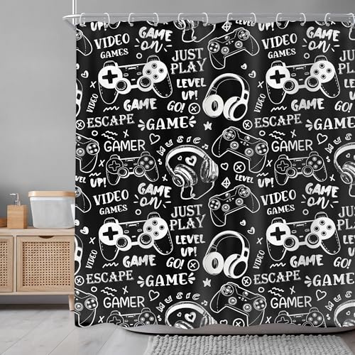 Newsely Gamer Duschvorhang für Jungen, 183 x 183 cm (B x H), Videospiele, Teenager, Kinder, schwarz-weiß, Graffiti, Gamepad, Gaming-Controller, Duschvorhang, Badezimmer-Set, cool, wasserdicht