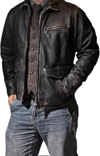 H2ZEE Mens Leather Jacket Black | Real Leather Biker Jacket With Distressed Exterior | Motorcycle Clothing For Vintage Styling | Size 2XL