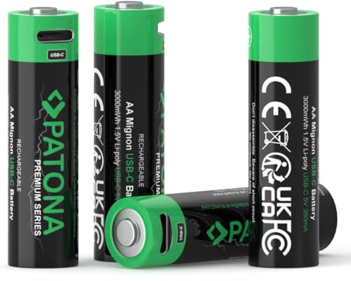 PATONA Mignon AA Pilas Recargables USB-C (Paquete de 4), 1,5V / 3000 mWh, 2000 mAh, Recargables a través de USB-C (350mA), Cable de Carga USB-C con 2 Conexiones.